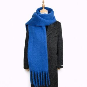 Mohair Tassel Scarf Blue Soft Solid Color Winter Wrap Cozy Fringe NEW